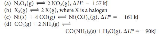2 NO(g), AH = +57 kJ 2 X(g), where X is a halogen  (a) NO4(g) (b) X(g) (c) Ni(s) + 4 CO(g) (d) CO,(g)+2NH,(g)