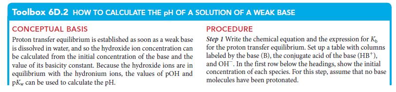 Toolbox 6D.2 HOW TO CALCULATE THE PH OF A SOLUTION OF A WEAK BASE CONCEPTUAL BASIS Proton transfer