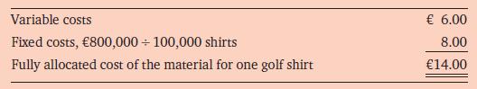 Variable costs Fixed costs, 800,000  100,000 shirts Fully allocated cost of the material for one golf shirt 