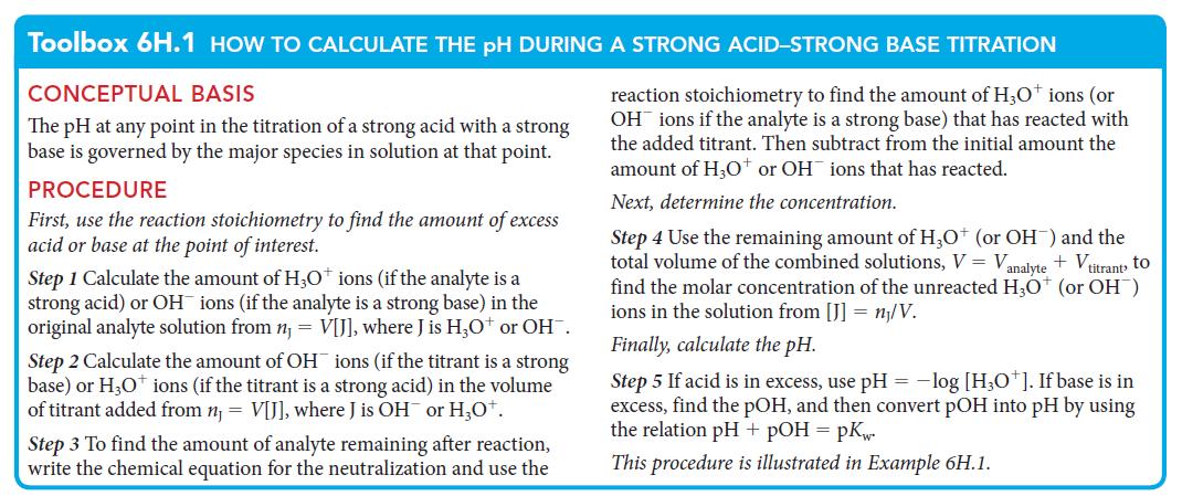 Toolbox 6H.1 HOW TO CALCULATE THE PH DURING A STRONG ACID-STRONG BASE TITRATION CONCEPTUAL BASIS The pH at