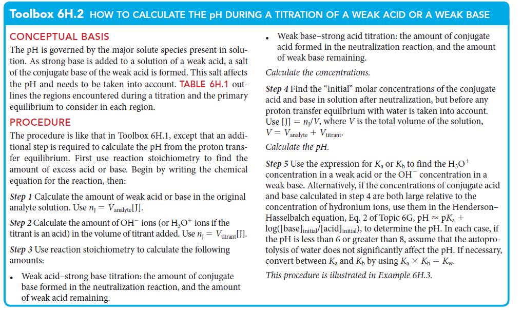 Toolbox 6H.2 HOW TO CALCULATE THE PH DURING A TITRATION OF A WEAK ACID OR A WEAK BASE CONCEPTUAL BASIS Weak