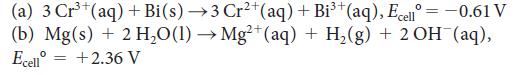 (a) 3 Cr+ (aq) + Bi(s) 3 Cr+(aq) + Bi+ (aq), Ecell = -0.61 V (b) Mg(s) + 2 HO(1) Mg+(aq) + H(g) + 2 OH (aq),