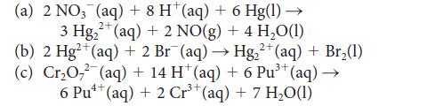 (a) 2 NO3 (aq) + 8 H (aq) + 6 Hg(1)  3 Hg2+ (aq) + 2 NO(g) + 4 H0(1) 2+ (b) 2 Hg2+ (aq) + 2 Br(aq)  Hg+ (aq)