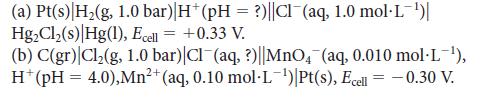 (a) Pt(s) |H(g, 1.0 bar) H*(pH = ?)||Cl(aq, 1.0 mol-L-) HgCl(s) Hg(1), Ecell = +0.33 V. (b) C(gr) Cl(g, 1.0