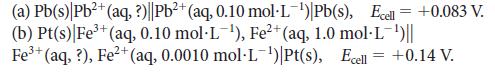 2+ (a) Pb(s) Pb+ (aq, ?)||Pb+ (aq, 0.10 mol-L-) Pb(s), Ecell = +0.083 V. (b) Pt(s) Fe+ (aq, 0.10 mol-L-), Fe+