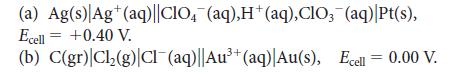 (a) Ag(s) Ag+ (aq)||CIO4 (aq),H+ (aq), CIO, (aq)|Pt(s), Ecell = +0.40 V. (b) C(gr) Cl(g) Cl(aq)||Au+ (aq)|