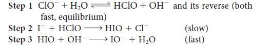 Step 1 ClO + H0HCIO + OH and its reverse (both fast, equilibrium) Step 2 I + HClO  HIO + CI Step 3 HIO + OH- 