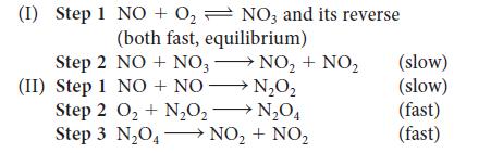 (1) Step 1 NO + O NO3 and its reverse (both fast, equilibrium) Step 2 NO + NO3 (II) Step 1 NO + NO NO + NO 