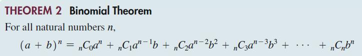 THEOREM 2 Binomial Theorem For all natural numbers n, (a + b)" = "Coa" + nCa"-b + Can-b + za"-b + ... +nCnb"