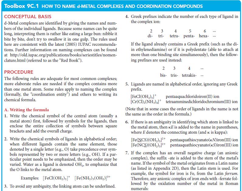 Toolbox 9C.1 HOW TO NAME D-METAL COMPLEXES AND COORDINATION COMPOUNDS CONCEPTUAL BASIS d-Metal complexes are