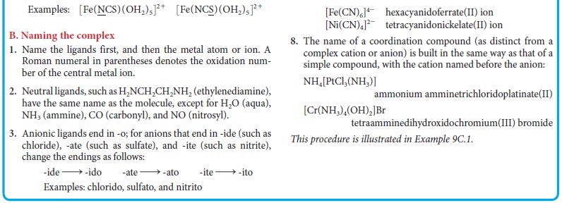 Examples: [Fe(NCS) (OH), ]2+ [Fe(NCS) (OH), ]+ B. Naming the complex 1. Name the ligands first, and then the