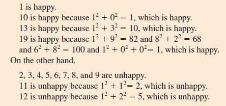1 is happy. 10 is happy because 1 + 0 = 1, which is happy. 13 is happy because 1 + 3 = 10, which is happy. 19