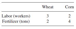 Labor (workers) Fertilizer (tons) Wheat 32 Corn 2 24 4