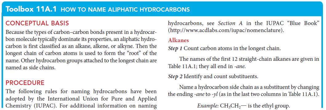 Toolbox 11A.1 HOW TO NAME ALIPHATIC HYDROCARBONS CONCEPTUAL BASIS Because the types of carbon-carbon bonds