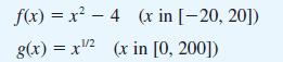 f(x)=x-4 (x in [-20, 20]) 1/2 g(x) = x/ (x in [0, 200])