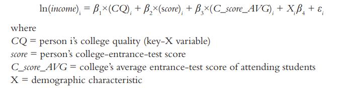 In (income), =Bx(CQ), + Bx(score), + Bx(C_score_AVG), + XB +  where CQ = person i's college quality (key-X