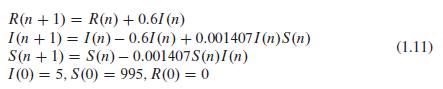 R(n + 1) = R(n) + 0.61 (n) I(n + 1) = 1 (n)- 0.61 (n) +0.0014071 (n)S(n) S(n + 1) = S(n) - 0.001407S(n)I (n)