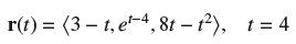 r(t) = (3-t, e-4, 8t - 1), t = 4