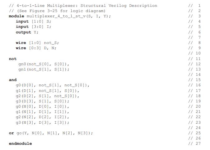 // 4-to-1-Line Multiplexer: Structural Verilog Description // (See Figure 3-25 for logic diagram) module