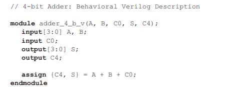 //4-bit Adder: Behavioral Verilog Description module adder_4_b_v (A, B, CO, S, C4); input [3:0] A, B; input