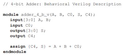 // 4-bit Adder: Behavioral Verilog Description module adder_4_b_v (A, B, CO, S, C4); input [3:0] A, B; input