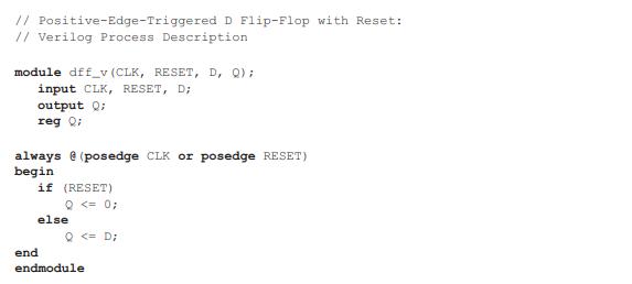 // Positive-Edge-Triggered D Flip-Flop with Reset: // Verilog Process Description module dff_v (CLK, RESET,