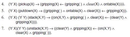 4. (VX) (pickup(X)  (gripping (X) (gripping()^ clear(X)^ontable(X)))). 5. (X) (putdown(X) 