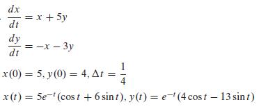 dx dt dy dt = x + 5y = -x-3y x (0) = 5, y (0) = 4, At 4,At = 1/ x (t) = 5e- (cost + 6 sint), y(t) = e(4 cost