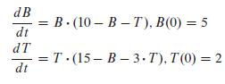 dB dt dT dt = B. (10-B-T), B(0) = 5 = T (15-B-3.T), 7(0) = 2