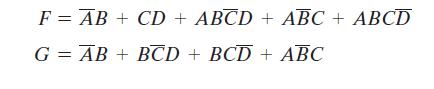 F = AB + CD + ABCD + ABC + ABCD G = AB + BCD + BCD + ABC