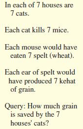 In each of 7 houses are 7 cats. Each cat kills 7 mice. Each mouse would have eaten 7 spelt (wheat). Each ear
