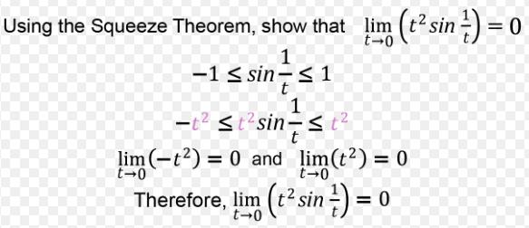 Using the Squeeze Theorem, show that lim (t sin ) = 0 1 1 sin=1 t 1 -t tsin-t lim (-t) = 0 and lim (t) = 0