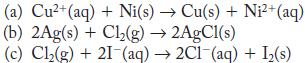 (a) Cu+ (aq) + Ni(s)  Cu(s) + Ni2+ (aq) (b) 2Ag(s) + Cl(g)  2AgCl(s) (c) Cl(g) + 21 (aq)  2C1 (aq) + I(s)