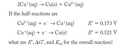 2Cu+ (aq)  Cu(s) + Cu+ (aq) If the half-reactions are Cu+(aq) +e  Cu+(aq) E = 0.153 V Cu+(aq) +e  Cu(s) E =