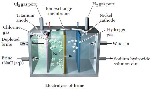 Cl gas port Titanium anode Chlorine gas Depleted brine Brine (NaCl (aq)) Ion-exchange membrane Nat