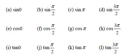 (a) sino (e) coso (1) tano (b) sin  2 I (f) cos- 2 I (j) tan- 2 (c) sin 7 (g) cos IT (k) tan 7 3 2 (d) sin-