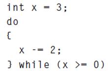 int x = 3; do { X 2; } while (x >= 0)