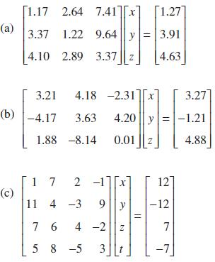 (a) [1.17 2.64 7.41][x] [1.27] 3.37 1.22 9.64 y = 3.91 [4.10 2.89 3.37|z 4.63 (c) 3.21 4.18 -2.31x (b)-4.17