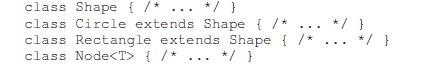class Shape { /*... */ } class Circle extends Shape { /* class Rectangle extends Shape { /* class Node { /*