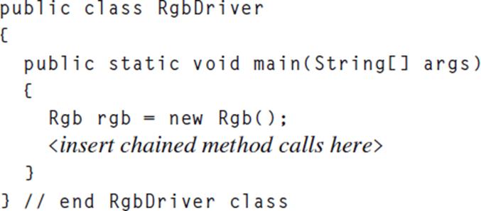 public class RgbDriver { public static void main(String[] args) { Rgb rgb = new Rgb(); } } // end RgbDriver