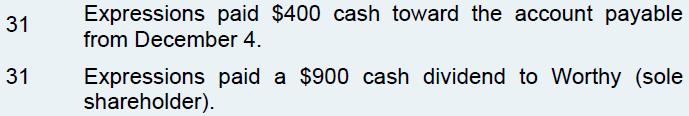 31 31 Expressions paid $400 cash toward the account payable from December 4. Expressions paid a $900 cash