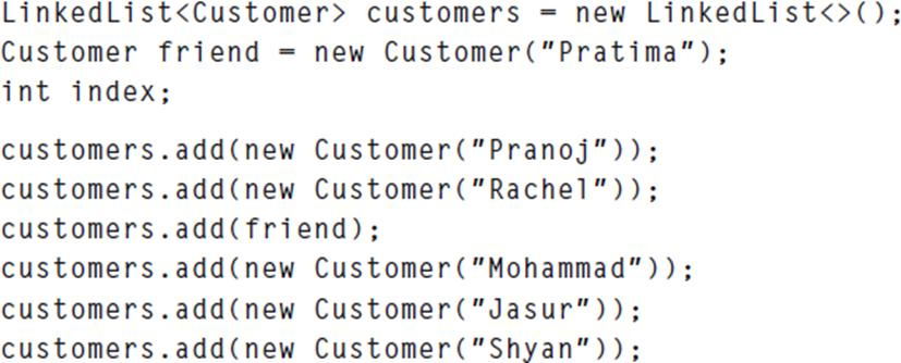 LinkedList customers new Linked List (); Customer friend = new Customer("Pratima"); int index; =