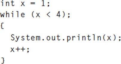int x = 1; while (x < 4); { } System.out.println(x); x++;