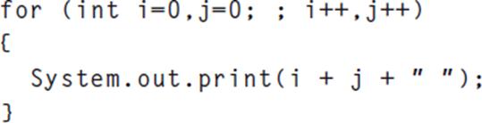 for (int i=0, j=0; ; i++, j++) { } System.out.print(i + j + 