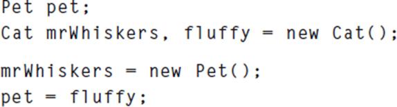 Pet pet: Cat mrWhiskers, fluffy new Pet()); mrWhiskers = pet fluffy; = new Cat ();