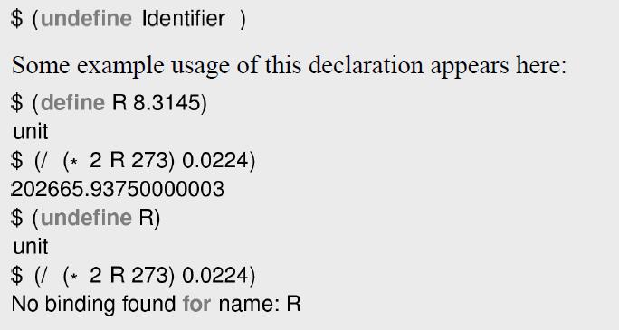 $ (undefine Identifier ) Some example usage of this declaration appears here: $ (define R 8.3145) unit $(/(*