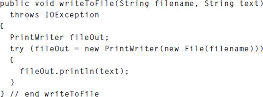 public void writeToFile(String filename, String text) throws IOException { PrintWriter fileOut; try (fileOut