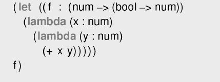 (let ((f (num -> (bool -> num)) (lambda (x : num) (lambda (y : num) (+ x y))))) f)
