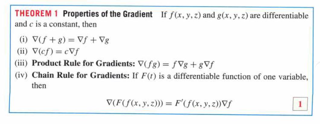 THEOREM 1 Properties of the Gradient If f(x, y, z) and g(x, y, z) are differentiable and c is a constant,