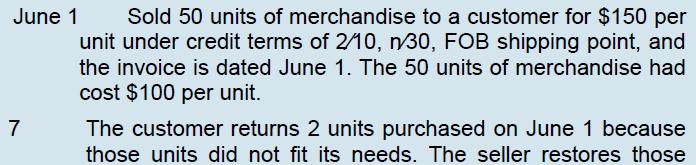 June 1 7 Sold 50 units of merchandise to a customer for $150 per unit under credit terms of 2/10, n/30, FOB